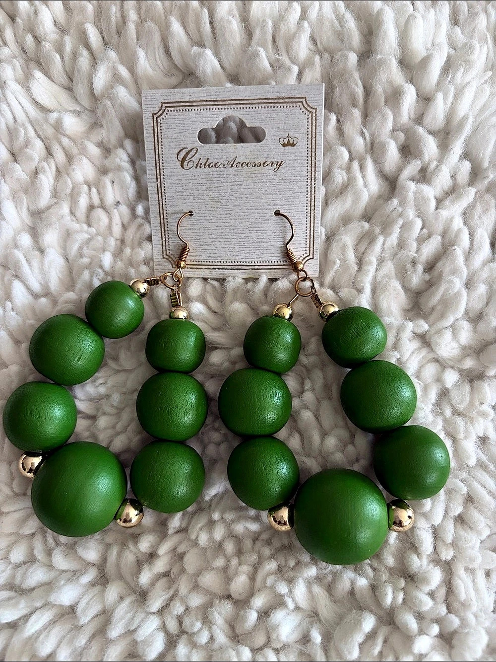 “Chloe Accessory” Wooded Retro Green Beaded Hoop Drop Earrings